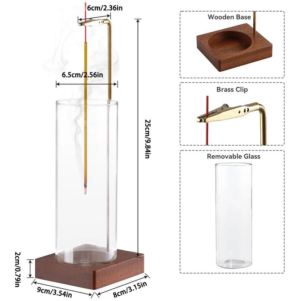 Clear Glass Incense Holder without Incense, Wooden Base, Home Fragrance Decor, Desktop Ash Catcher Incense Burner, Home Décor Aroma for Meditation, Yoga & Relaxation