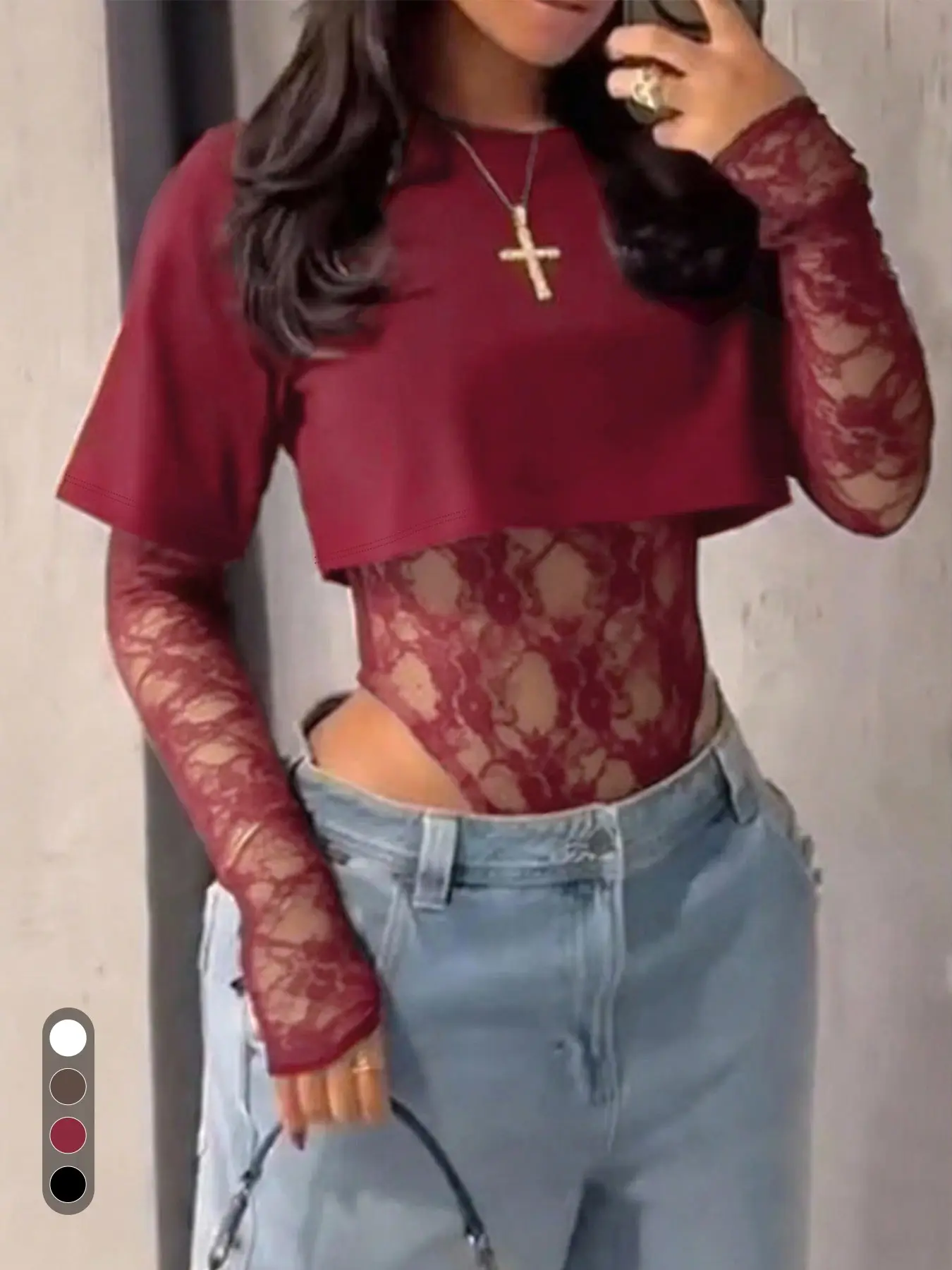 2 in 1 Double Layer Bodysuit, Round Neck Short Sleeve Crop Top, Sheer Floral Lace, Y2K Layering Top, Street Club Wear, Casual Romper, Women, Fit