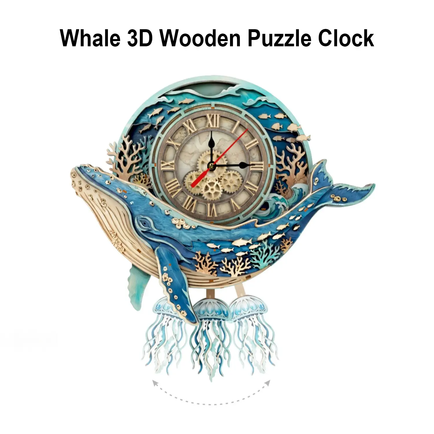 Whale Adult 3D Wooden Puzzle Wall Clock, DIY Laser Cut Assembly Kit, Home Decor Gift, Unique Family Wall Clock, Family Fun, Men's Birthday Present