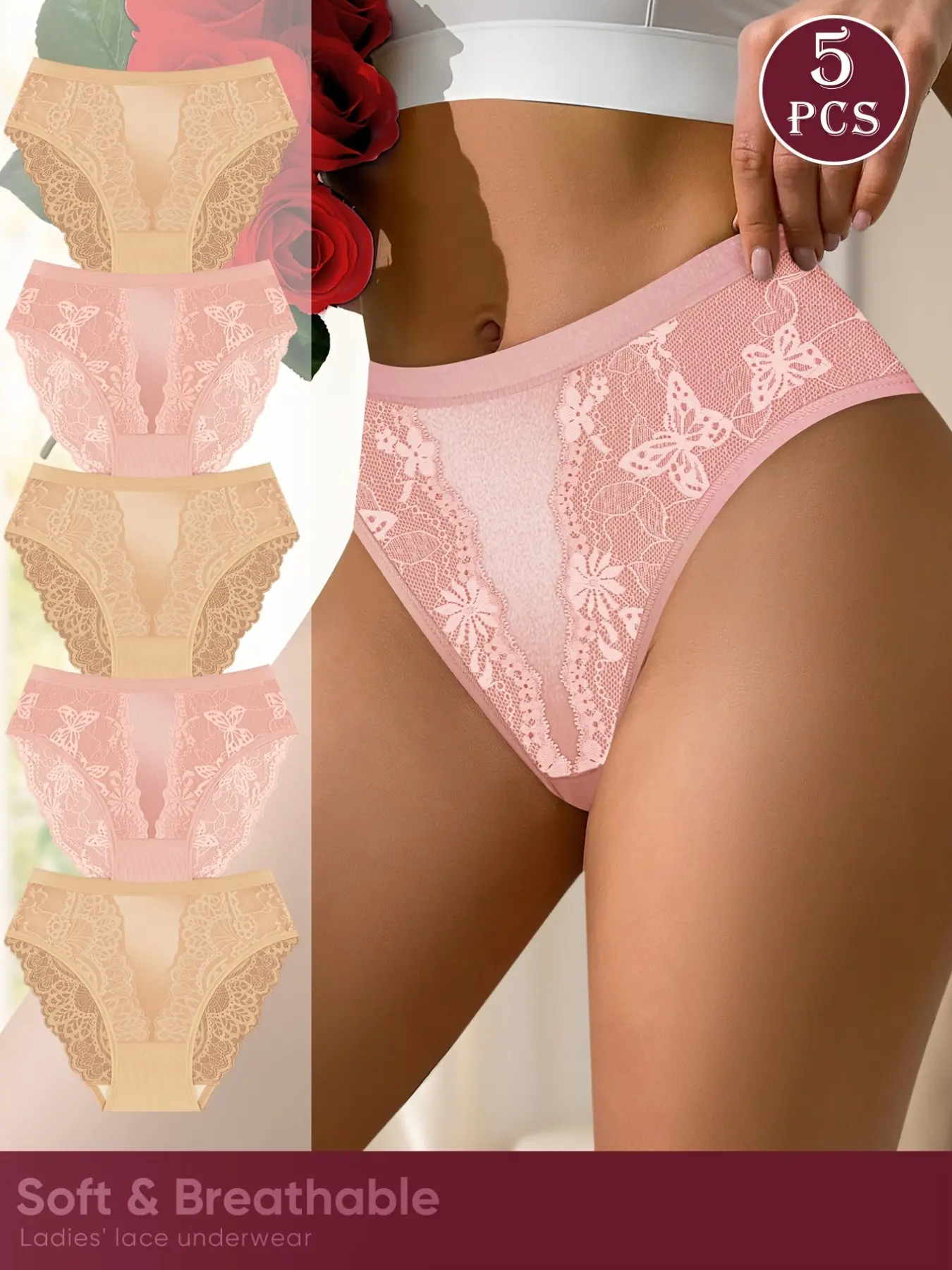 5 Pcs Stretch Comfy Breathable Panties Cute Micro-Mesh Lace High Rise Full Briefs, Boho Style Underwear for Teen Girls & Women, All Seasons Comfort
