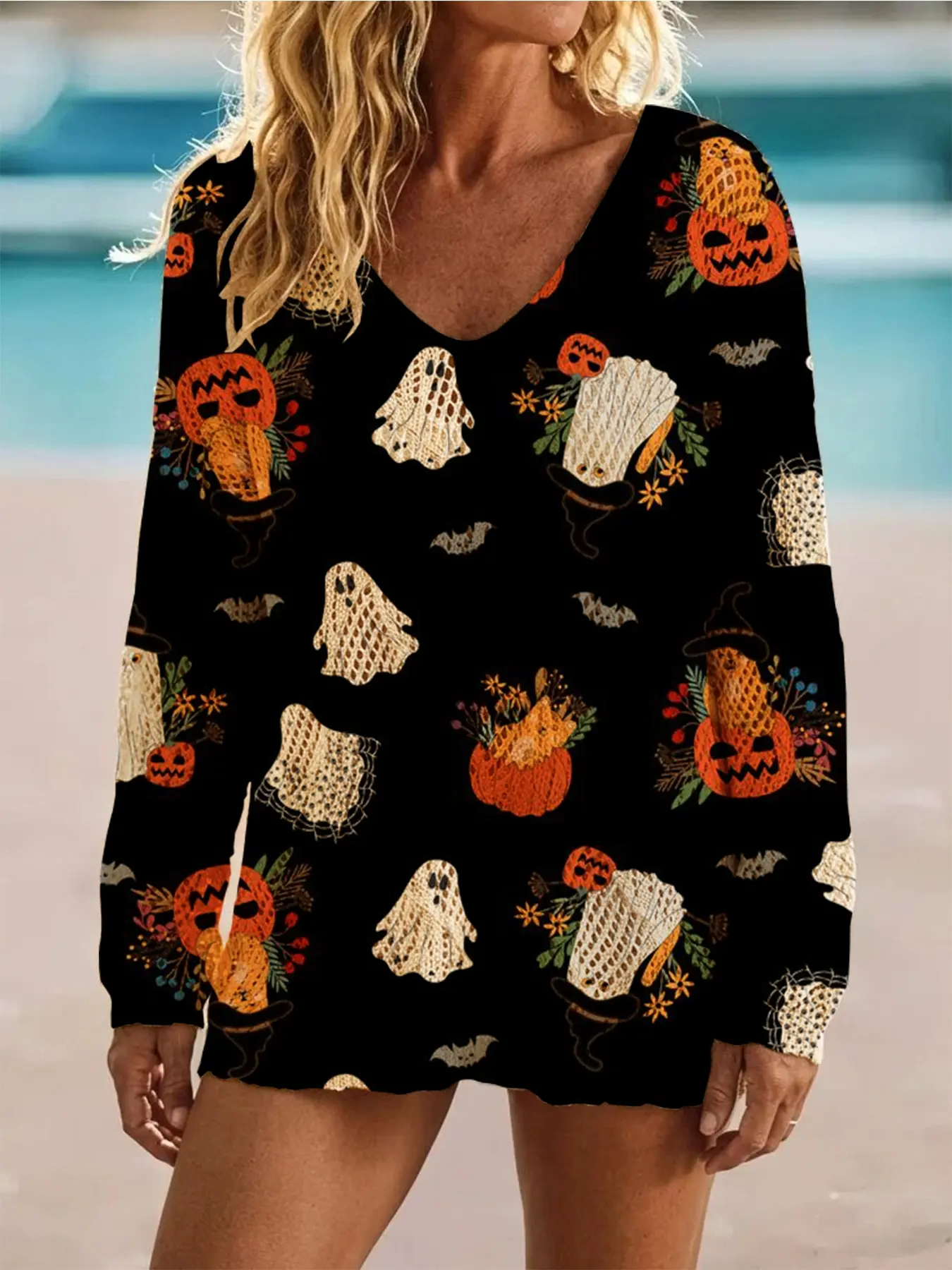Women's Halloween Ghost Pumpkin Print V-Neck Sweater, Casual Long Sleeve Knit Top, Breathable Fashion for Spring Summer Fall