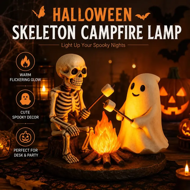 Halloween Skeleton Campfire Lamp, Resin Spooky Tabletop Decor with Realistic Flickering Fire, USB Plug-In Night Light for Fireplace Mantel, Bedroom, Desk and Party Decoration