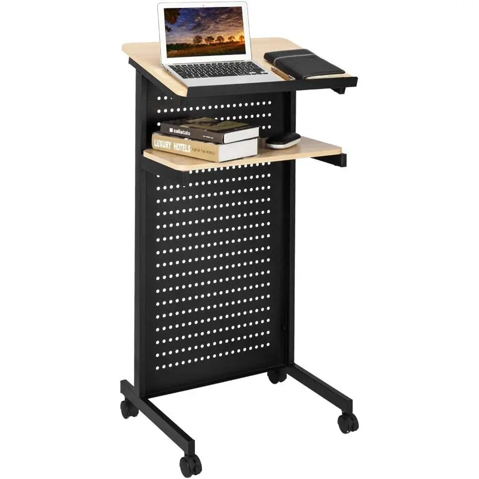 Modern Portable Size Rectangular Mobile Lectern Podium with Wheels, Metal Frame & Pegboard - Classroom Setup Speech Teach Platform, Multi-Function Reading/Laptop Desk Table