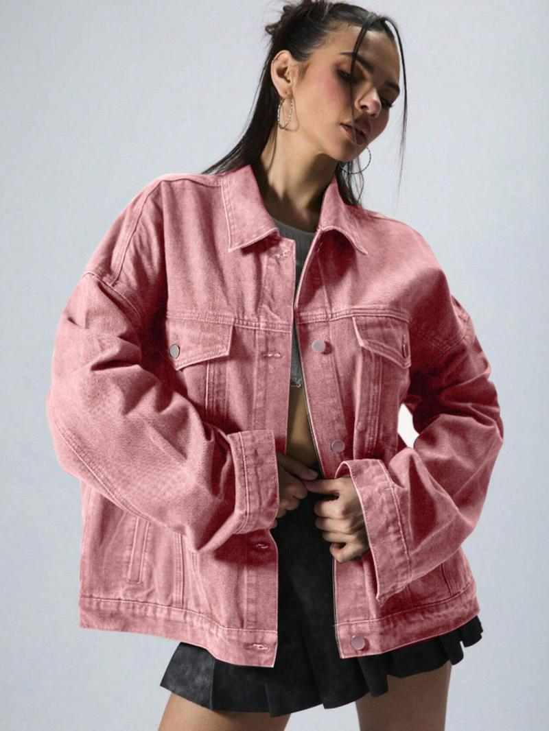 Women's Plain Button Front Drop Shoulder Denim Coat, Casual Long Sleeve Collared Pocket Outerwear for Daily Wear, Ladies Clothes for All Seasons, Clothing for Women Women's Plain Button Front Drop Shoulder Denim Coat, Casual Long Sleeve Collared Pocket Outerwear for Daily Wear, Ladies Clothes for All Seasons, Clothing for Women