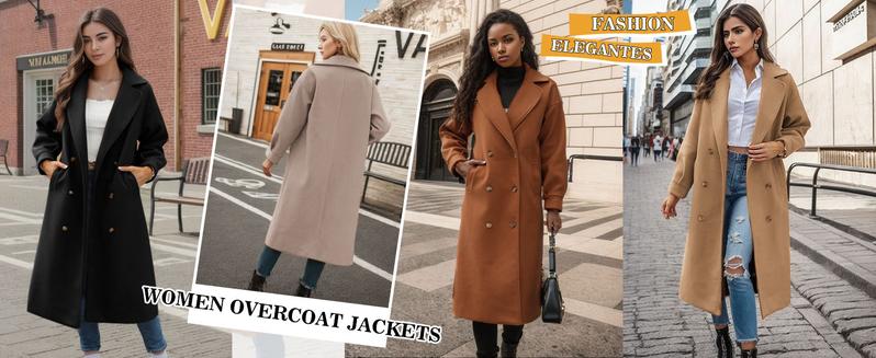 Women's Long Coat Notched Lapel Collar Double Breasted Pea Coat Winter Elegant Wool Blend Over Coats Jackets