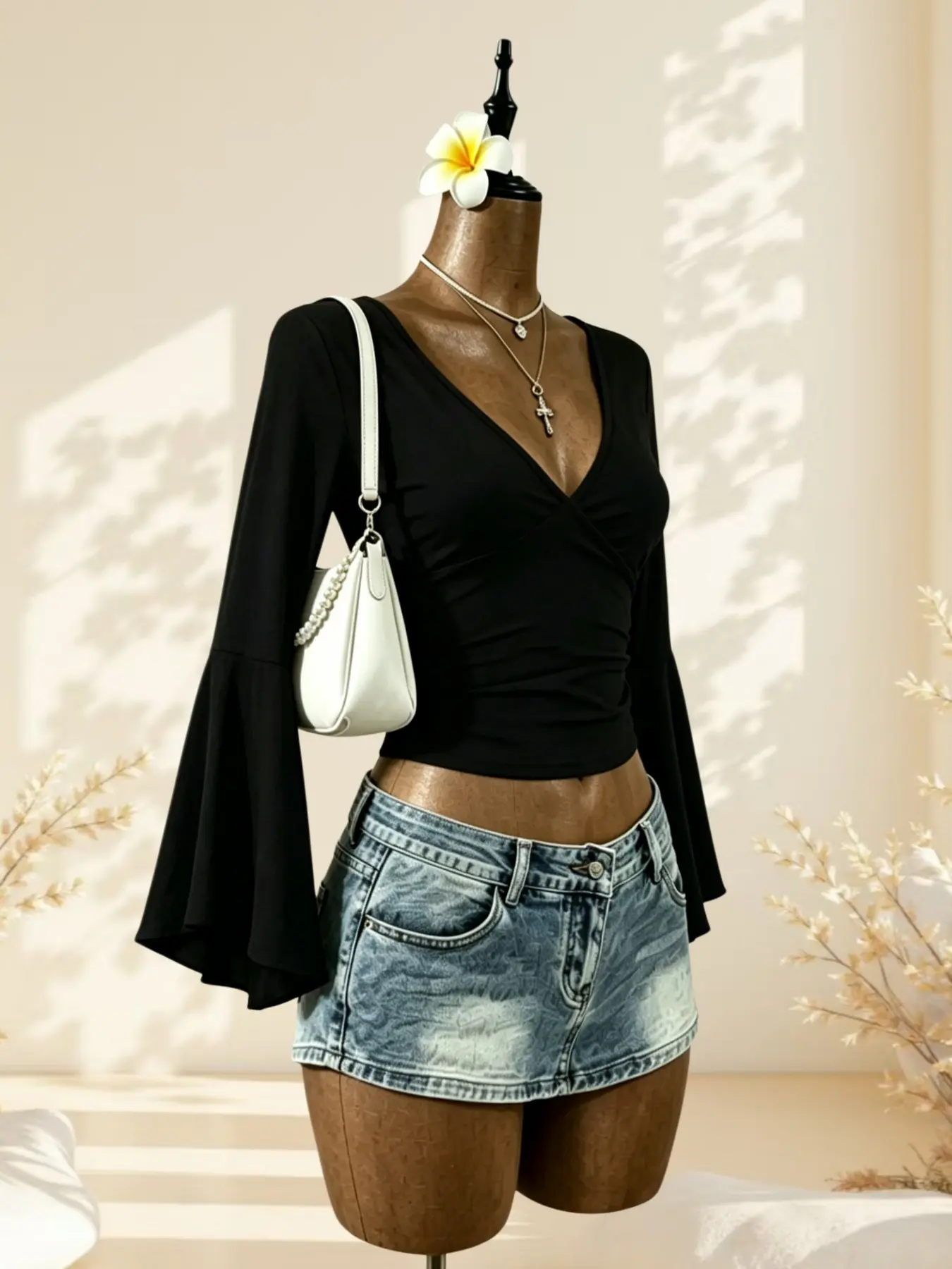 Solid Color V-Neck Wrap Crop Top, Side Ruched Slim Fit Cropped Blouse with Flared Long Sleeves, Casual Versatile Layering Top, Chic