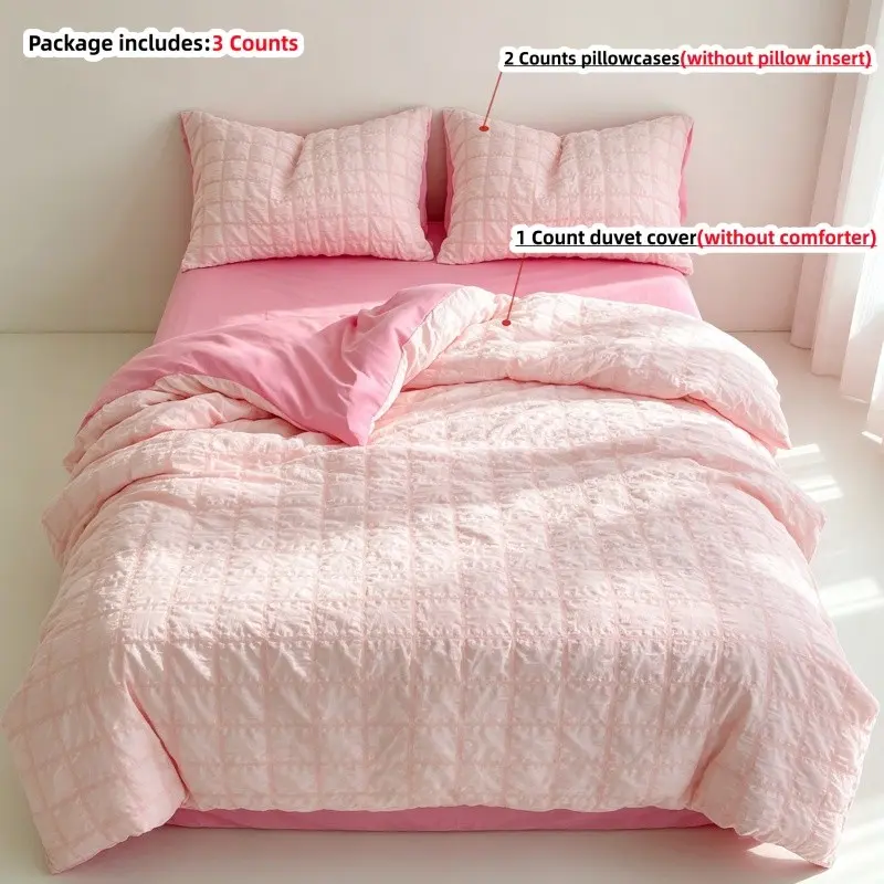 3-Piece Korean Pink seersucker grid bedding set, Includes 1 Duvet and 2 Pillowcases,without comforter and pillow insert Breathable Fabric for All Seasons, Perfect Gift