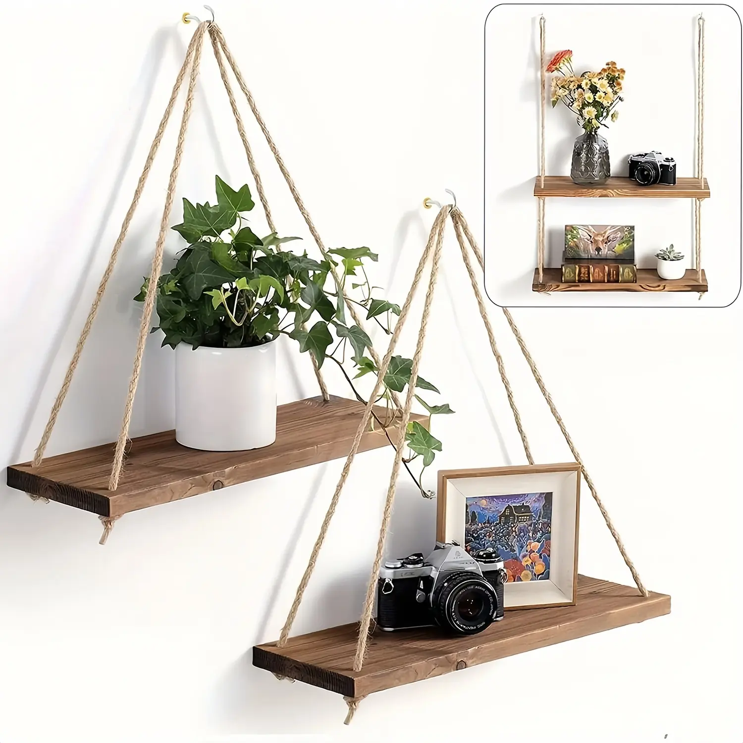 Wooden Wall-Mounted Storage Rack with Hanging Rope, Ideal for Living Room, Bedroom, Bathroom, Kitchen, Home Organization