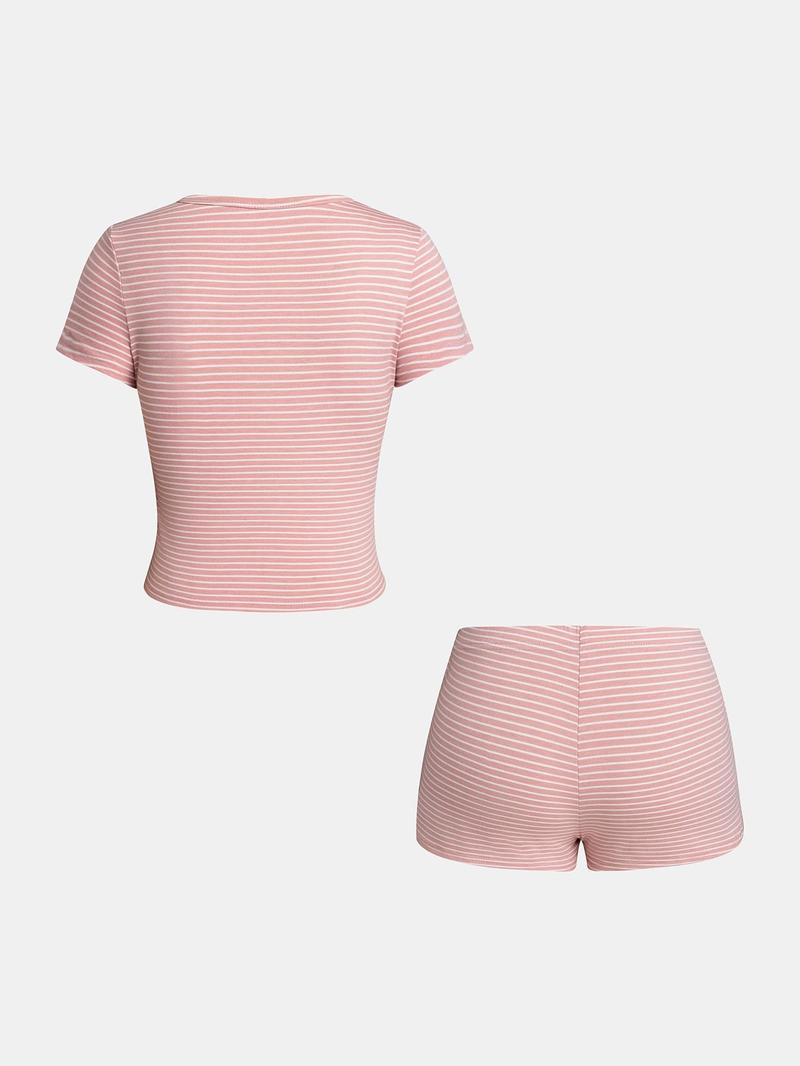 Valentine's Day Two-piece Set Women's Striped Print Crop Tee & Shorts, Casual T-shirt & Shorts for Daily Wear, Ladies Two-piece Set for All Seasons, Clothes