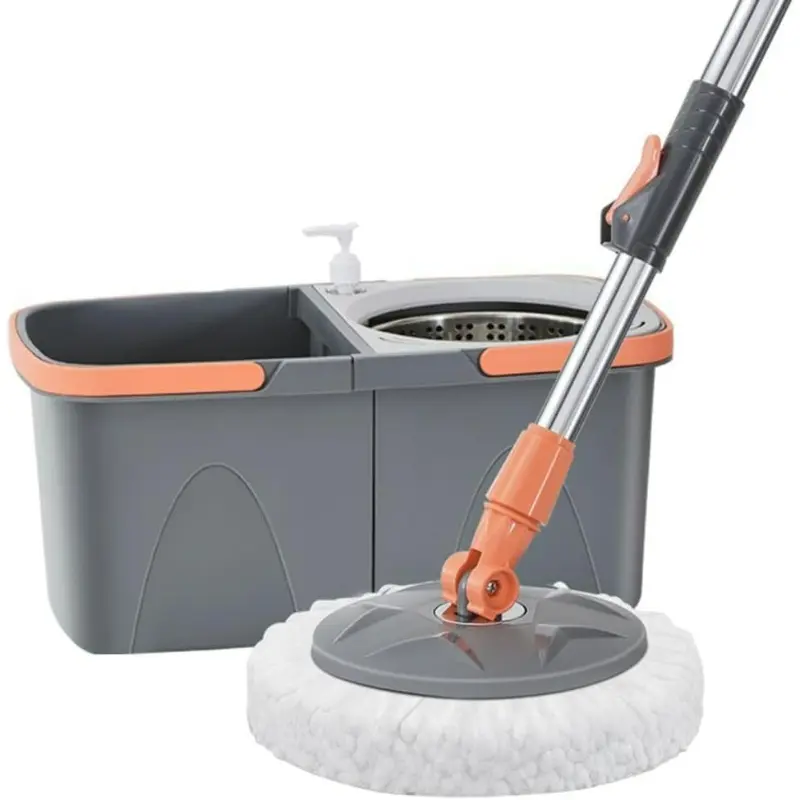 Spin Mop and Bucket with Wringing System - Foldable & Space-Saving Design, Durable Stainless Steel Wringing Basket, Detergent Bottle, 2 Reusable Microfiber Mop Heads, Floor Cleaning Tool, Spin Mop Scrubber