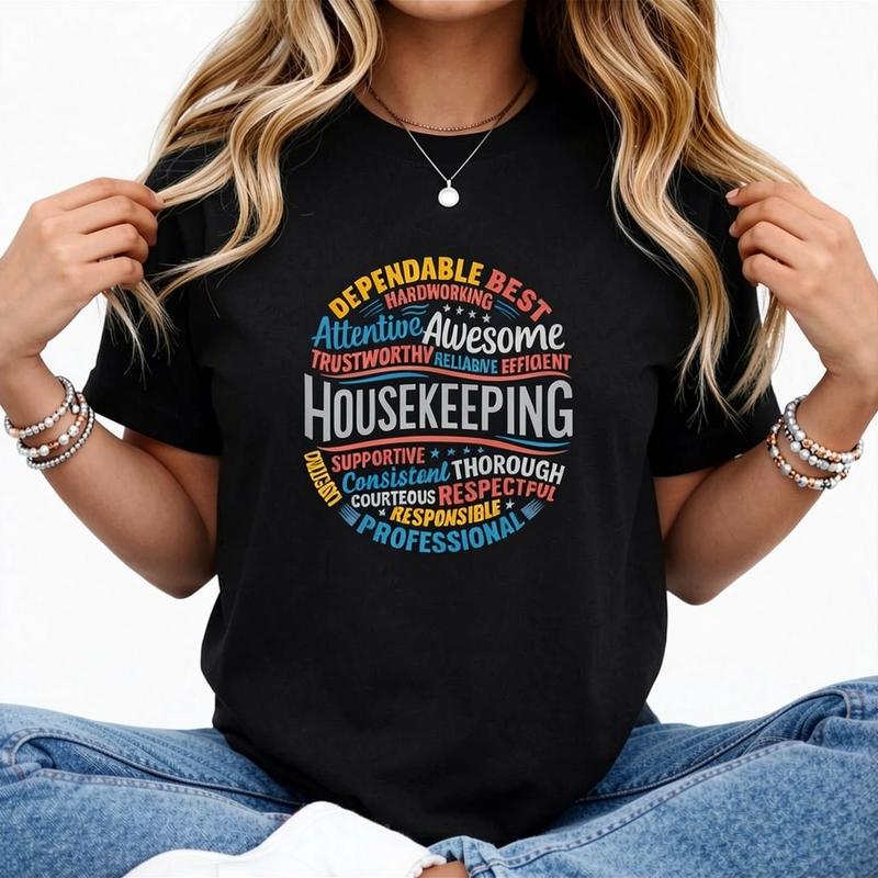 Housekeeping Appreciation Gift T-Shirt - Soft Breathable Cotton Crew Neck Tee for Hospitality Workers, Custodians, Janitors - Black with Colorful Housekeeping Words Graphic - Machine Washable Service Week Present, Tshirt Casual Crewneck