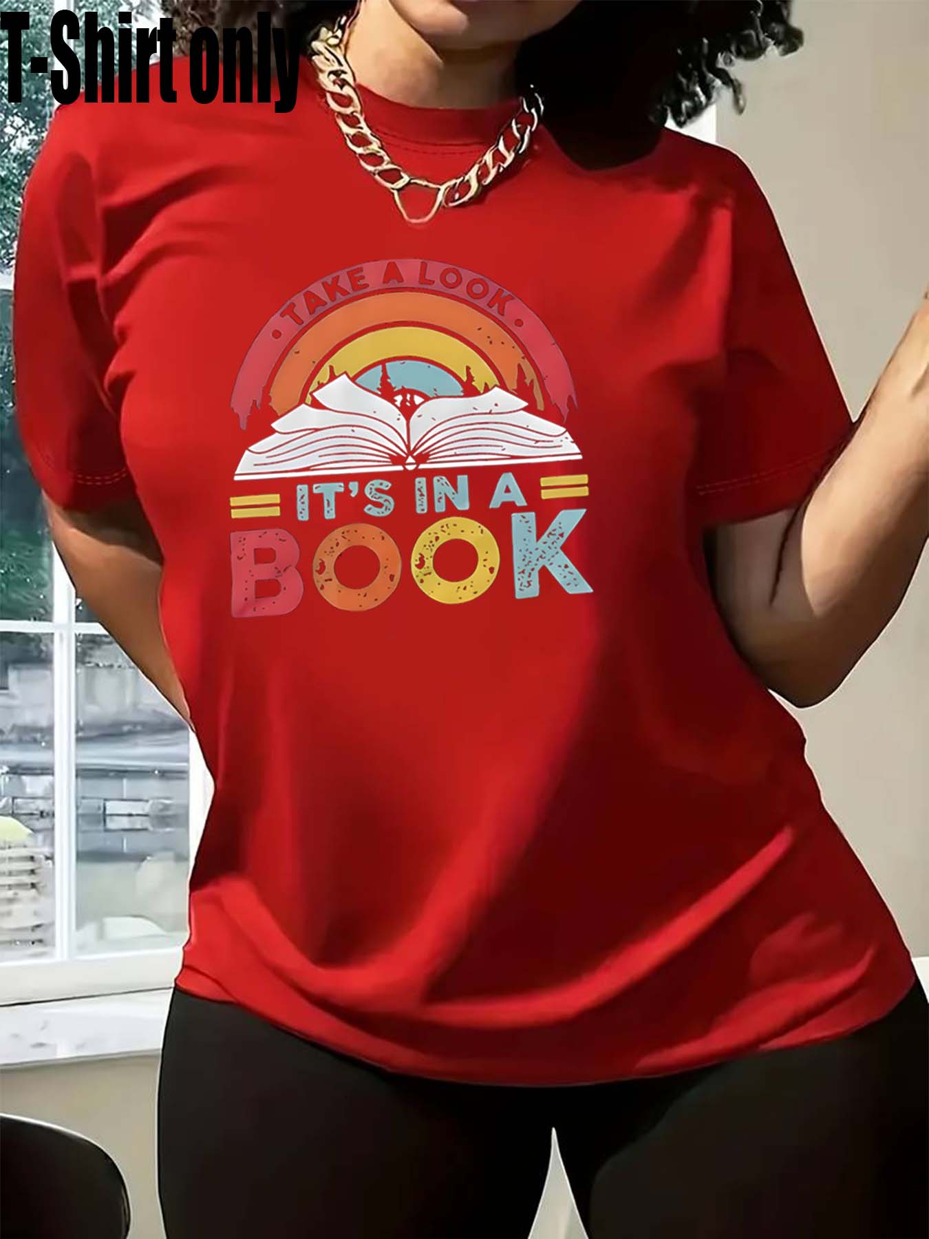 【Plus Size】 Book & Letter Print Round Neck Tee, Fashion Casual Crew Neck Short Sleeve T-Shirt for Daily Outdoor Wear, Women Tops for All Seasons