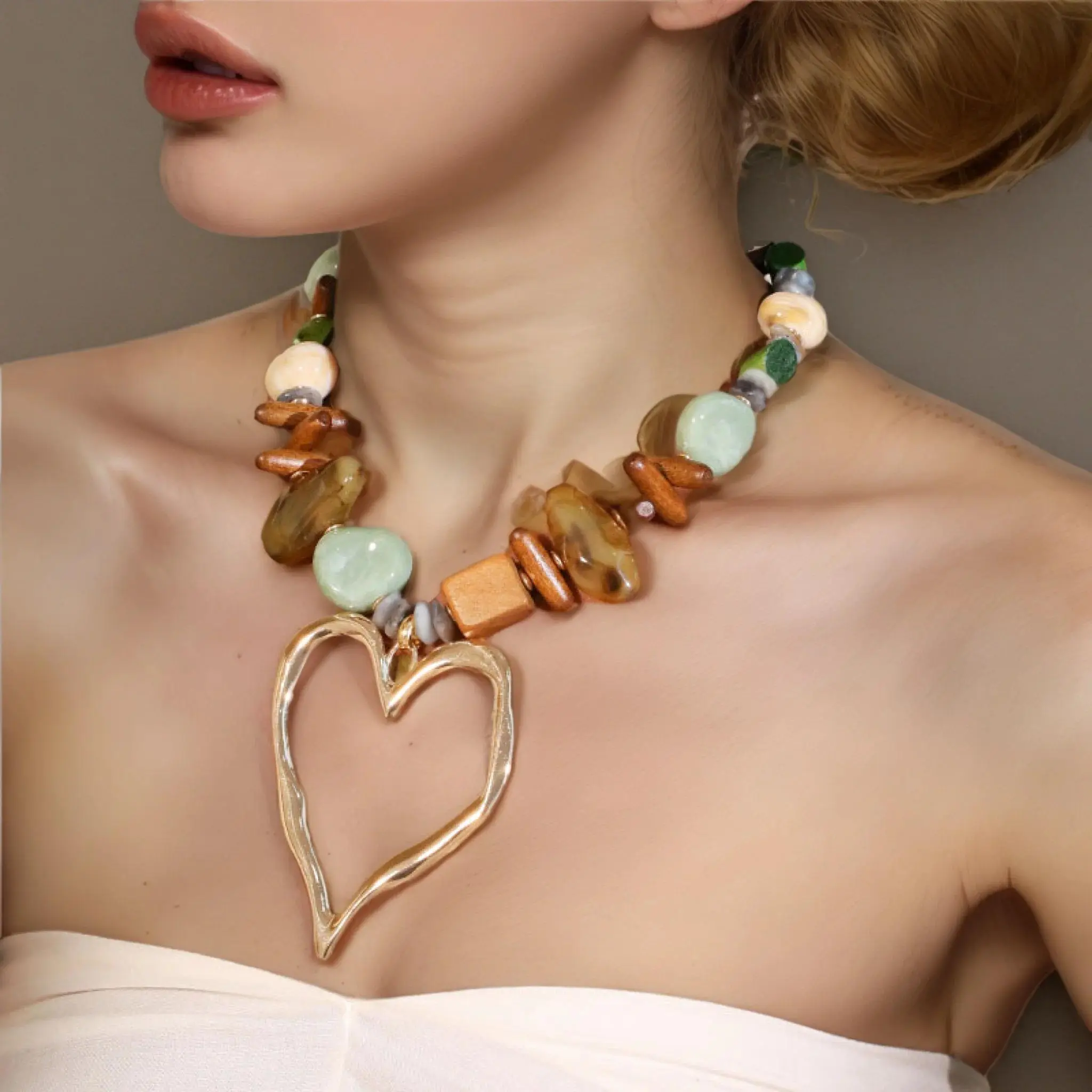 Statement Beads Necklace with Big Heart Pendant for Women Girl Beach Party Jewelry