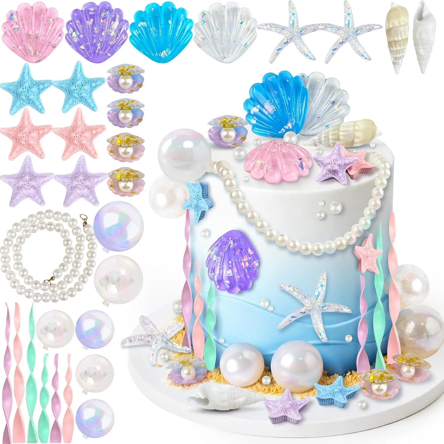 31pcs Colors Shells Cake Toppers Beach Theme Birthday Decorations with and Seaweed for the Sea Cake Decorating