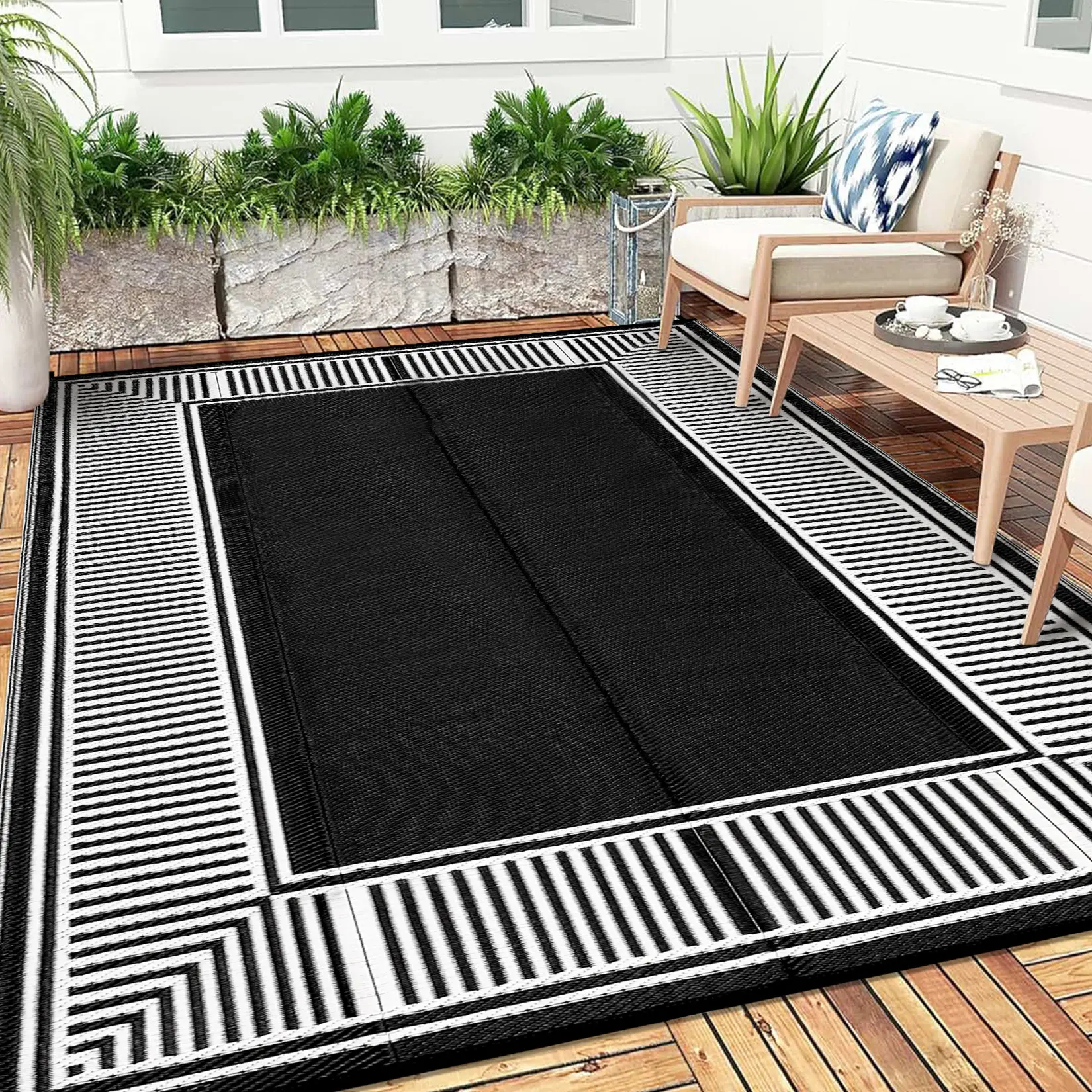 Waterproof Reversible Outdoor Plastic Straw Rug, Collapsible Patio Area Carpet, Lightweight, Easy Clean, Large Size, For Deck, Porch, RV, Camping, Balcony, Backyard, Multiple Options, Modern Edgeed Design