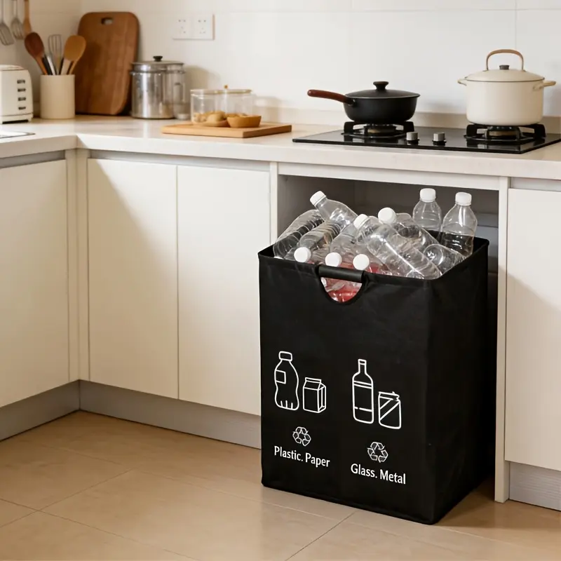 1/2pcsFoldable Kitchen Trash Bin, Large Capacity Bottle Recycling Bin With Soft Handle, Space Saving Storage Organizer, Holds Up To 60 Bottles, Household Office Garbage Sorting Container