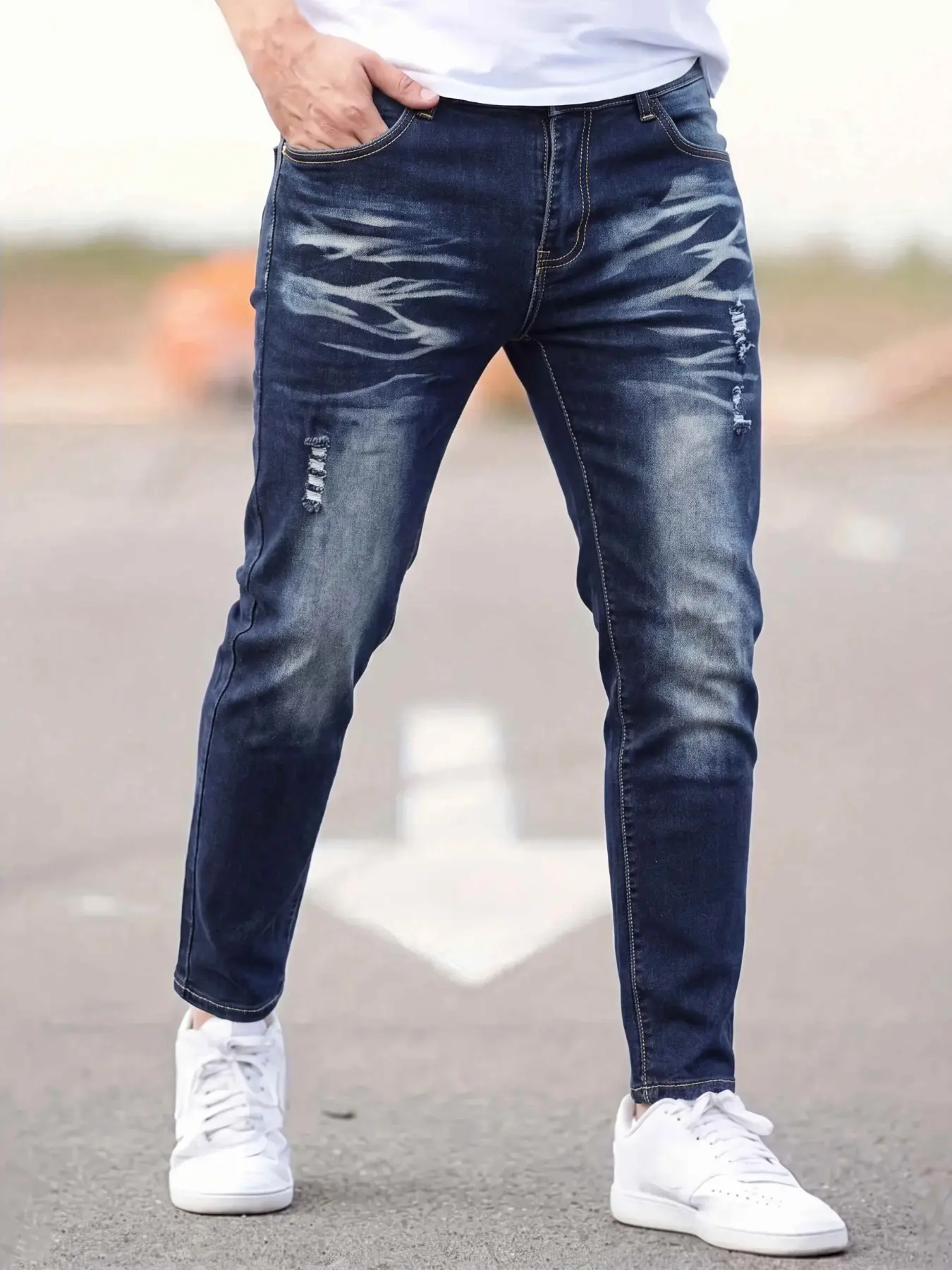 Men's Denim Jeans, Elastic Fabric Slim Fit, Hole Design, Deep Blue, Casual Style, All Seasons, Perfect for Hiking