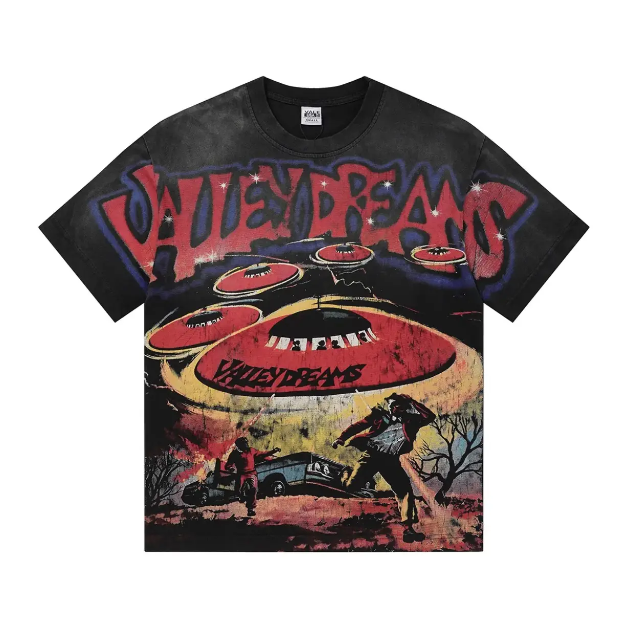 VALE UFO Alien Rhinestone Graphic Cropped Tee, Vintage Washed Cotton T-Shirt, Y2K Hip Hop Streetwear Short Sleeve Top, Retro Oversized Summer Fashion