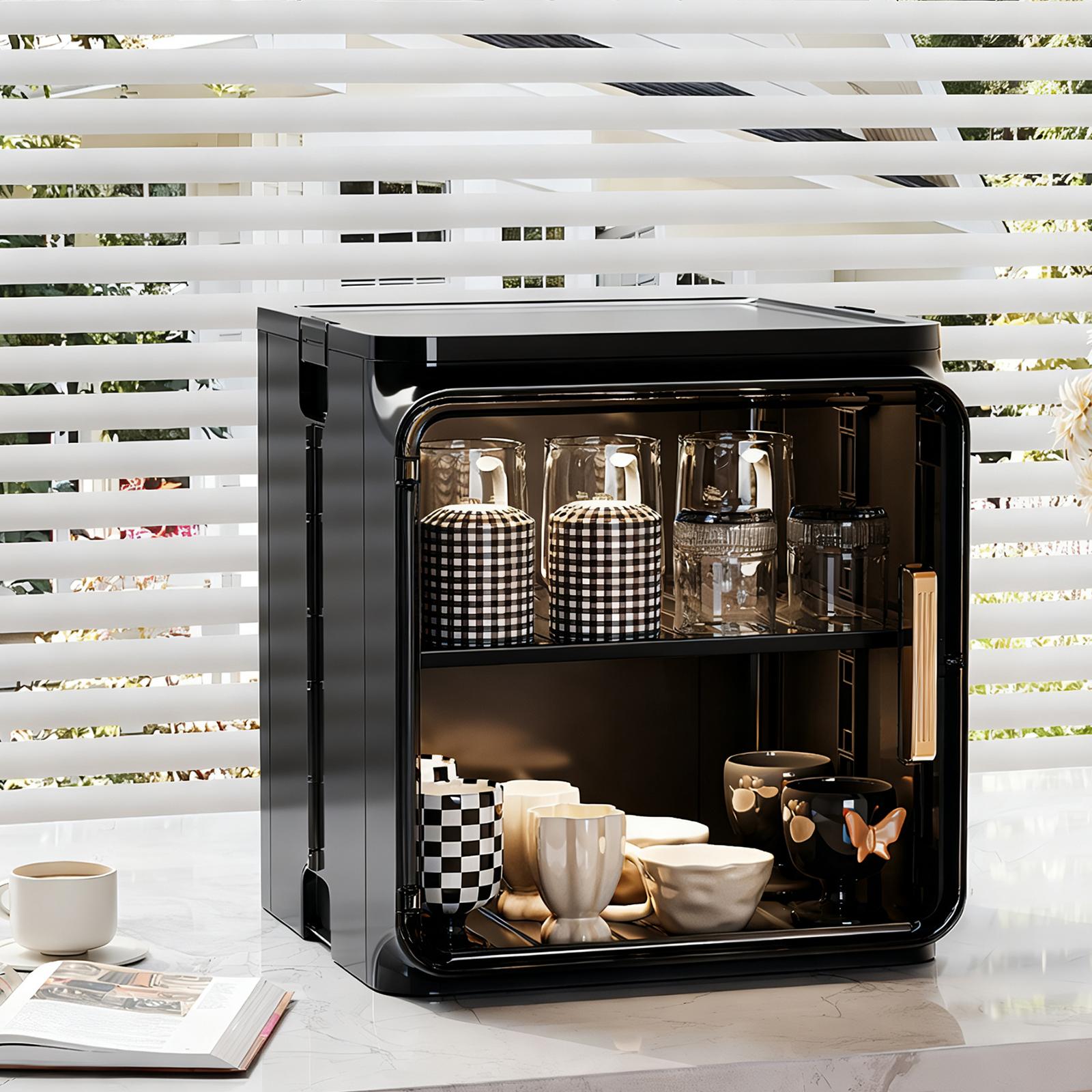 Stackable Plastic Multilayer Dustproof Cup Storage Box Large Capacity Desktop Storage Display Shelf with Doors and Shelves for Office Kitchen Coffee Bars