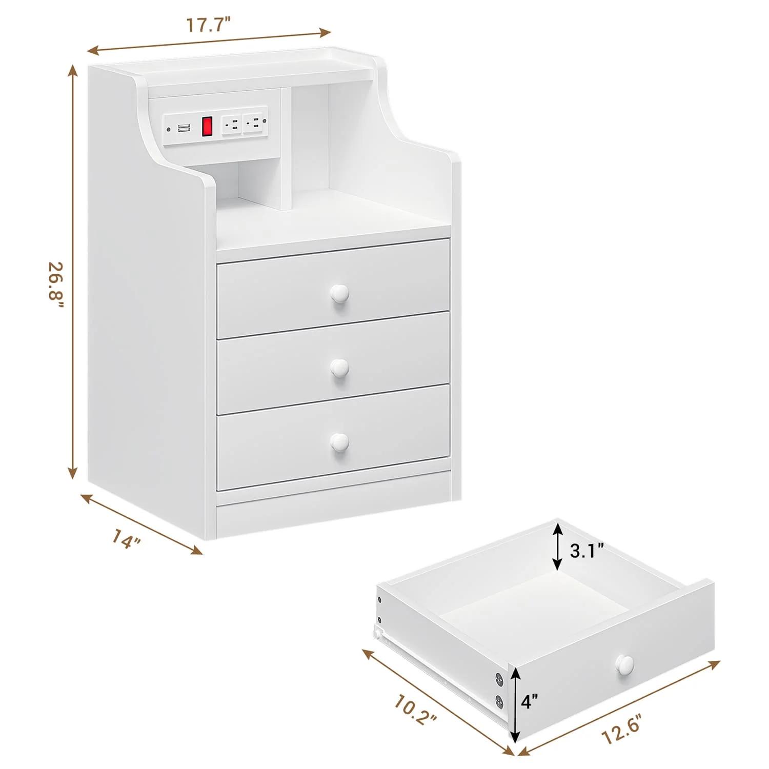 Sikaic Nightstand with 3 Drawers Charging Station White Bedside Cabinet Modern Accent Tables USB Ports Power Outlets Storage Modern Furniture