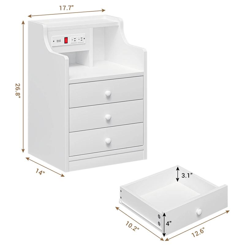 Sikaic Nightstand with 3 Drawers Charging Station White Bedside Cabinet Modern Accent Tables USB Ports Power Outlets Storage Modern Furniture