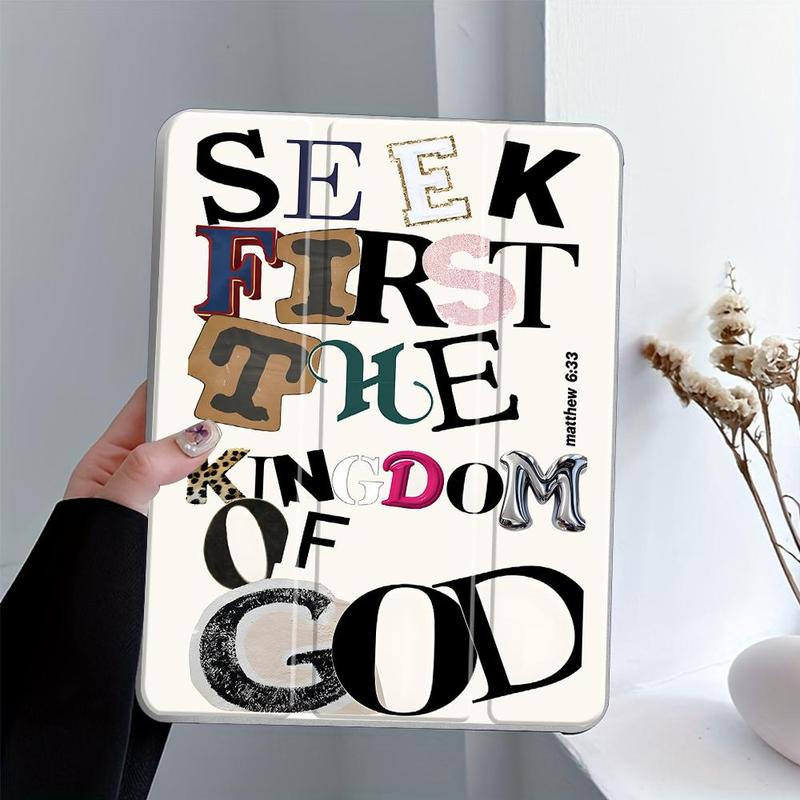 Vintage Stylish Seek First God's Kingdom iPad Folding Stand Case, Transparent Acrylic Hard Back with Pencil & Charger Slots, for iPad 10.2 inch 2019/2021, Mini, Pro, Air, Scratch-Resistant Ultra-Thin, Shockproof Full Protection Case, Tablet Accessories