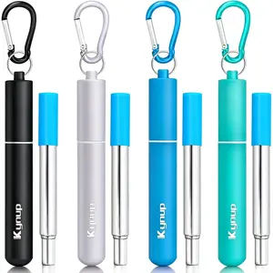 4Packs Reusable Straws, Metal Straw with Silicon, Travel Drinking Straws with Case, Keychain, Cleaning Brushes, Silicon Pcs Perfect for Travel, Gifts (20 PCS) Blue-Black-Silver-Turquoise