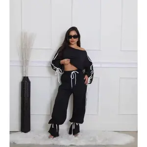 New autumn casual women's solid color loose ribbon two-piece sportswear suit