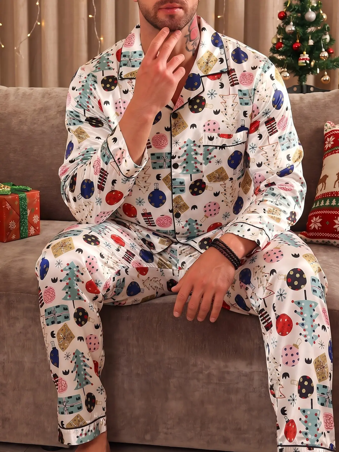 New Men's Christmas Long Sleeve Pajama Set, Comfortable Sleepwear with Tree Geometric Print, Perfect for Holiday Parties