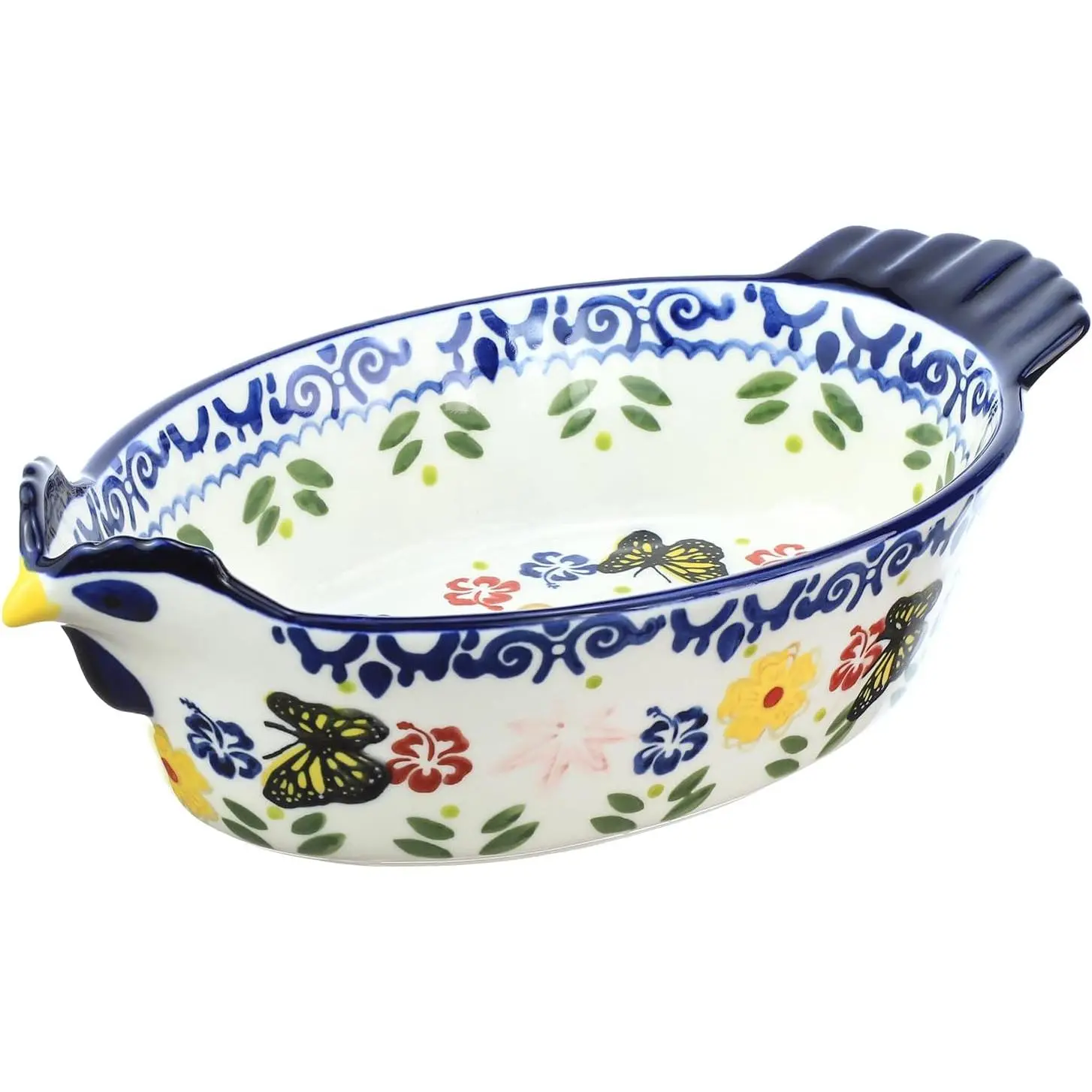 Vintage Butterfly Flower Pattern Chicken Shape Ceramic Baking Dish Pie Pan Casserole Lasagna Soup Bowl for Oven to Table, Blue 25 OZ
