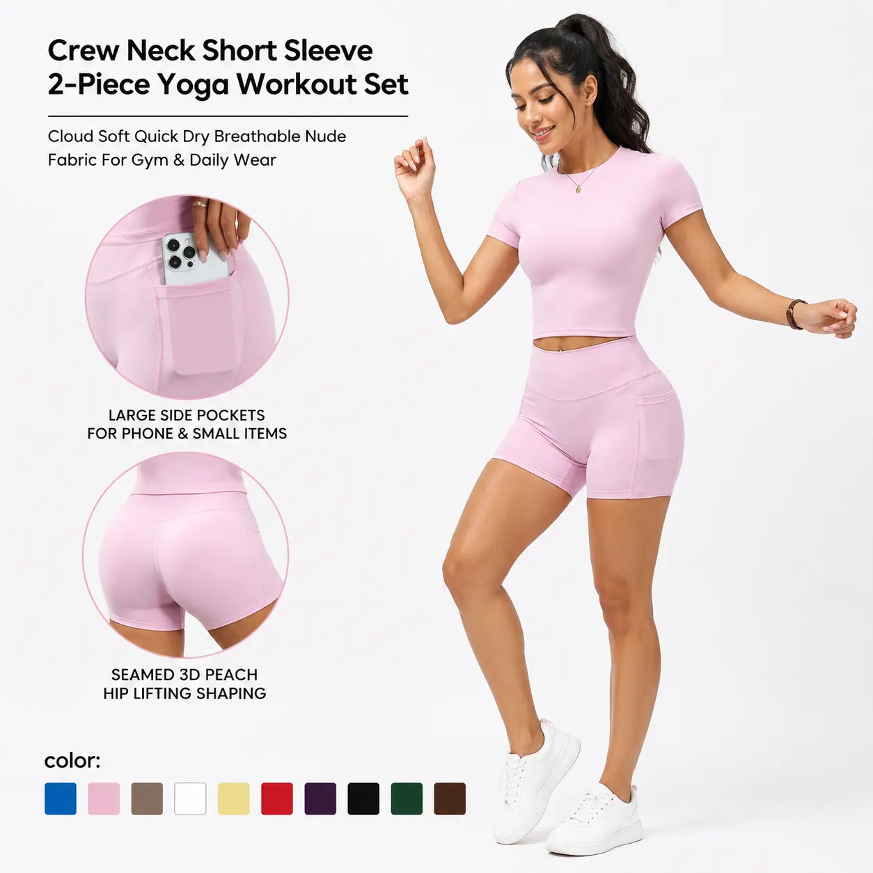 Women's 2 Piece Crew Neck Workout Set, Side Phone Pocket High Waist Biker Shorts, Quick Dry Breathable Tummy Control Peach Butt Lifting Yoga Outfit, Gym Travel Camping Athleisure Sweatsuit