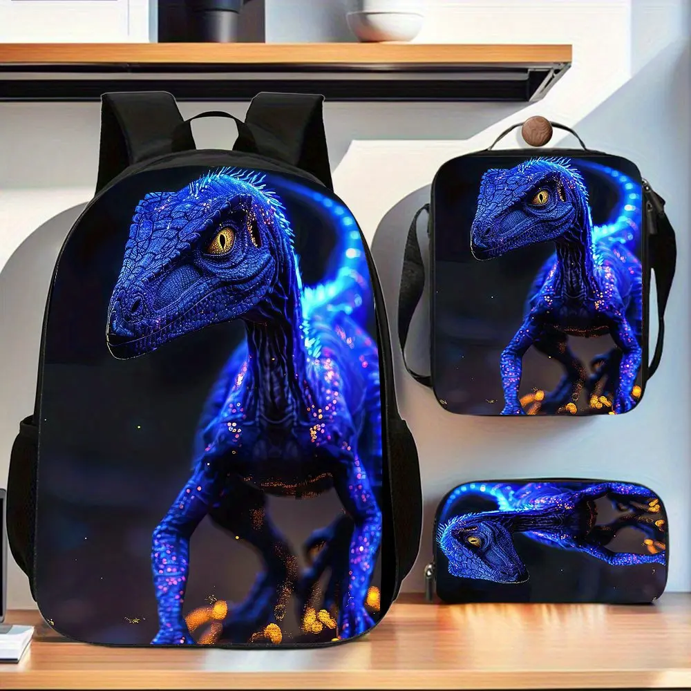 Blue Glow Raptor 3-Piece Backpack Set, Jurassic Print School Bag + Lunch Bag + Pencil Case, Oxford Cloth Adjustable Strap Daypack for Dinosaur Fans & Kids