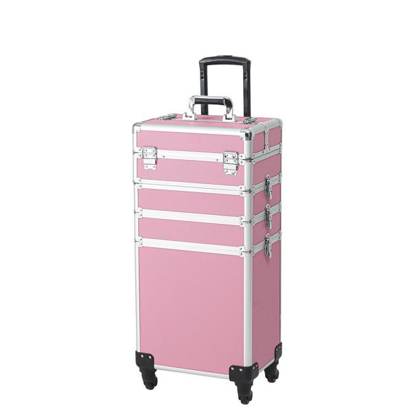 4 In 1 Aluminum Makeup Case Pink, Professional Cosmetic Storage Box for Makeup Tools Brushes and Accessories, Portable Beauty Organizer for Travel and Home Use