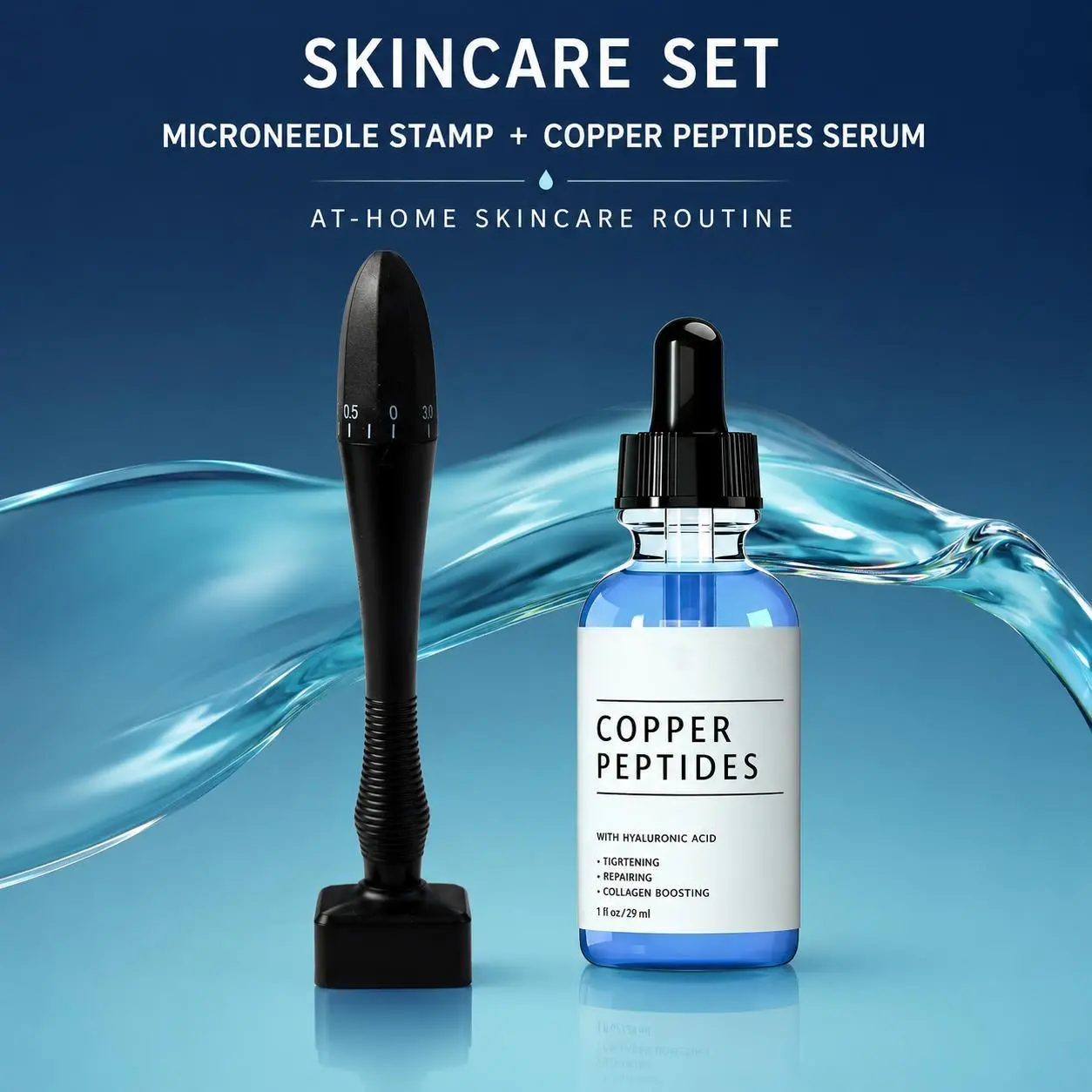 Microneedle Stamp & Copper Peptide Serum Set—an At-home Skincare Duo Featuring A Stainless Steel Beauty Tool and A Hydrating Copper Peptide Serum, Helping You Create A Personalized Skincare Routine.