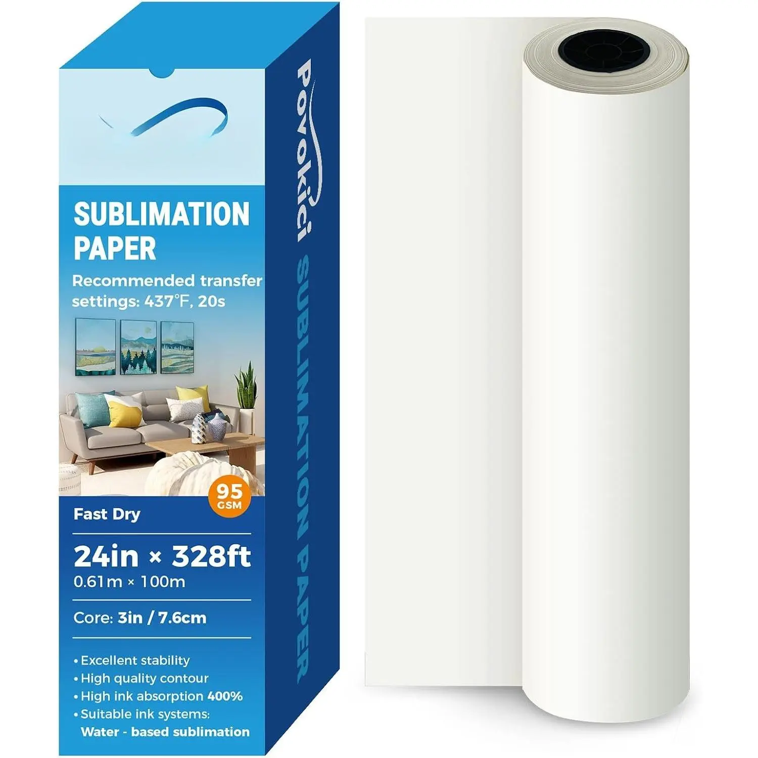Dry Dye Sublimation Paper Roll 95gsm 24in x 328ft 3" Core for Heat Transfer Printing