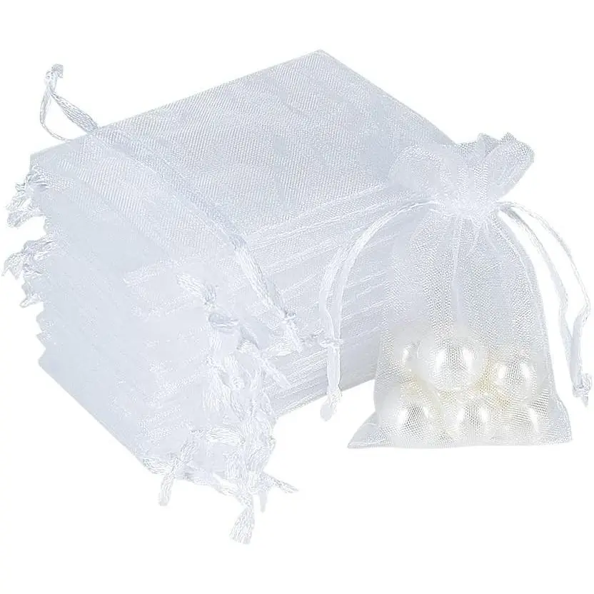 100pcs Mini Organza Jewelry Bags 2x3 inch, Little White Mesh Drawstring Gift Pouches for Candy Sample Party Favors