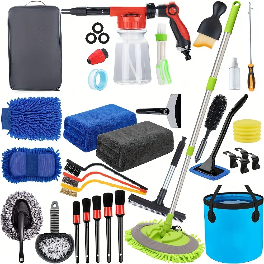 Car Cleaning Kit with Foam Gun, Spray Bottle, Long Handle Brush, Foldable Bucket, Large Gloves, Towel, Blue Color, Full Set for Interior and Exterior, Car Cleaning Supplies