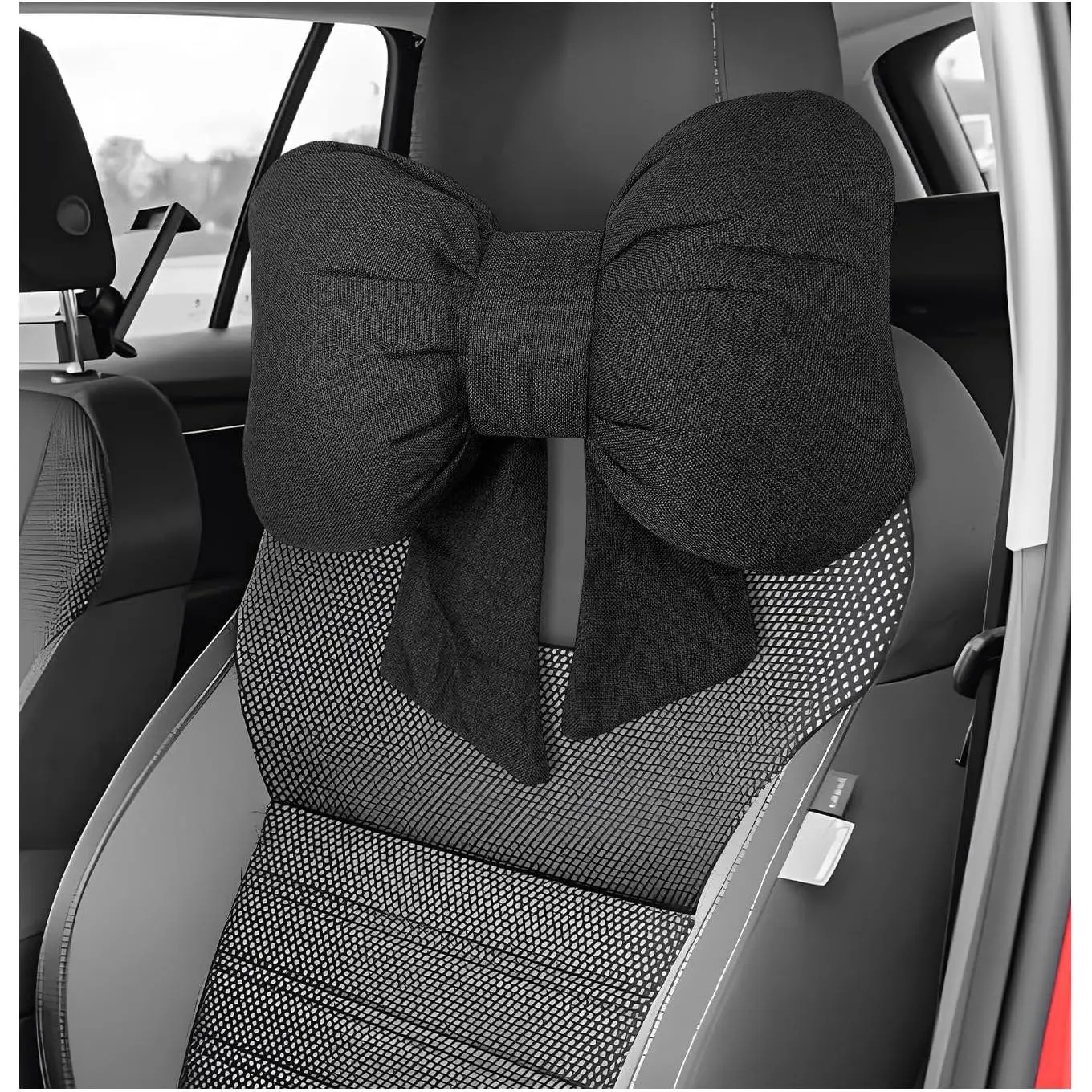 Bow  Headrest Pillow, Breathable  Auto  Cushion with Adjustable Strap, Comfy   Support Pillow Cute Bow Girl-Style Decoration for Driving Seats (Black)