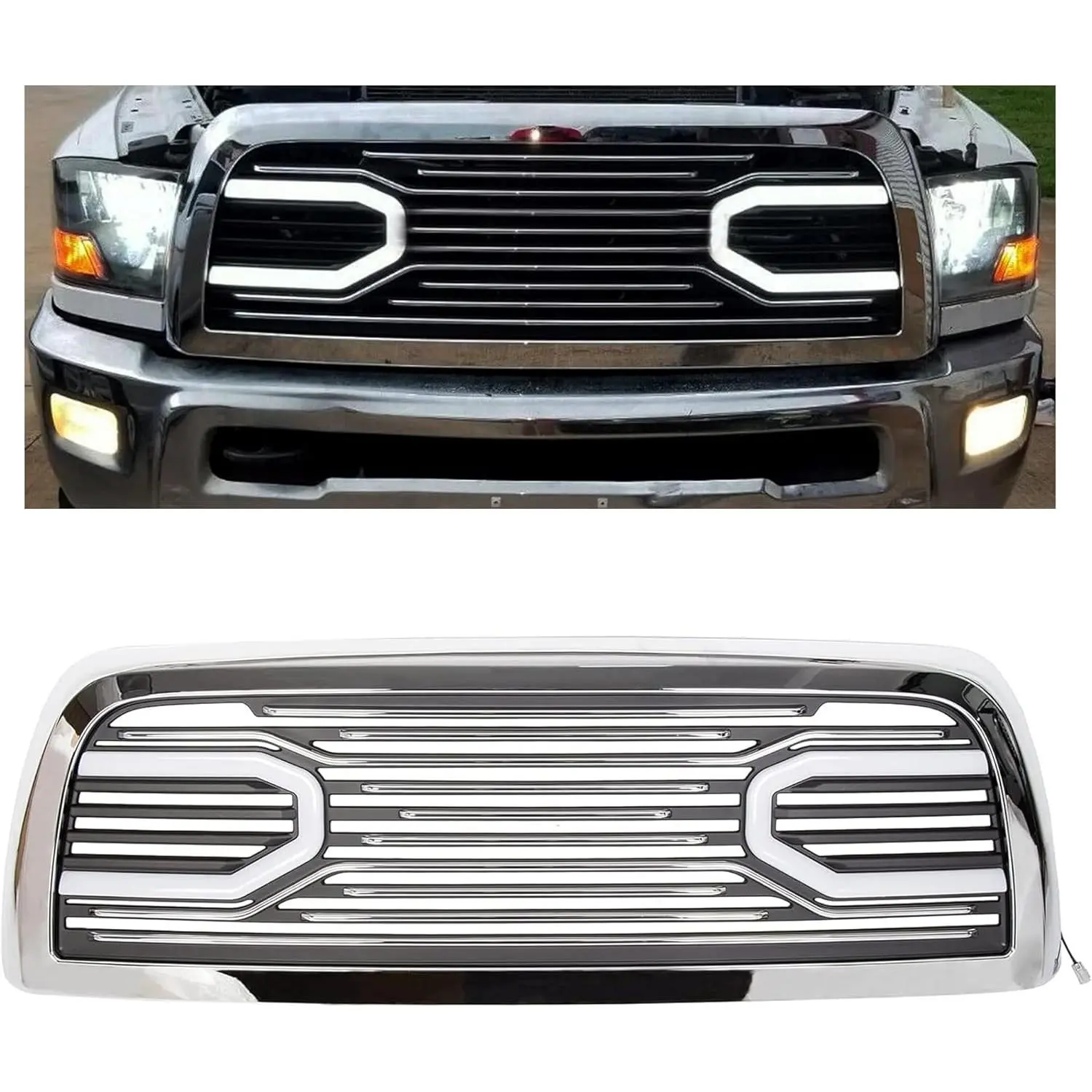 KQQIO Front Bumper Grill w/LED Tube Compatible with 2010-2018 Ram 2500/3500/4500 Big Horn Hood Grille Replacement Shell Horizontal Style - Chrome