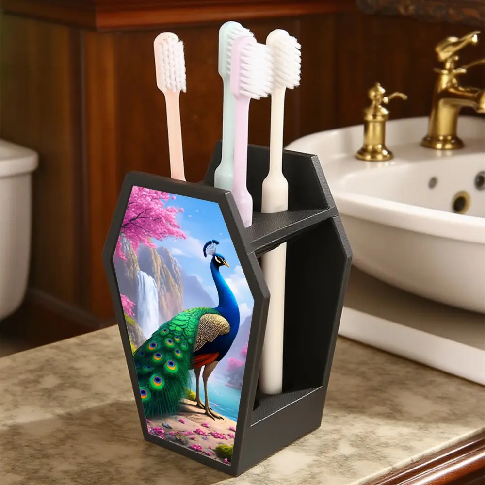 1PC 3D Printed Black Coffin Shaped Toothbrush Holder Organizer, Aesthetic Spring Pink Cherry Blossom Waterfall Mountain Blue Peacock Pattern, Fresh Chinese Style Bathroom Storage Decor For Bathroom Sink Vanity Countertop Household Ornament