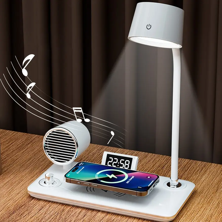 LED Desk Lamp with Wireless Charger & Bluetooth Speaker & Alarm Clock, 15W Fast Charging Station for iPhone & Earbuds, Touch Control 3 Color Light, Adjustable Lights, Adjustable Leds, Adjustable Eye-Care Table Bedside Lamp