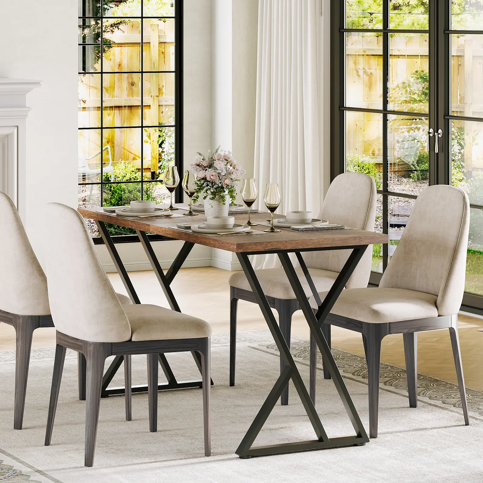 71" Dining Table for 4-6, Modern Rectangular Kitchen Table with Sturdy Metal Frame & Geometric Legs for Dining Room, Easy Clean-Brown