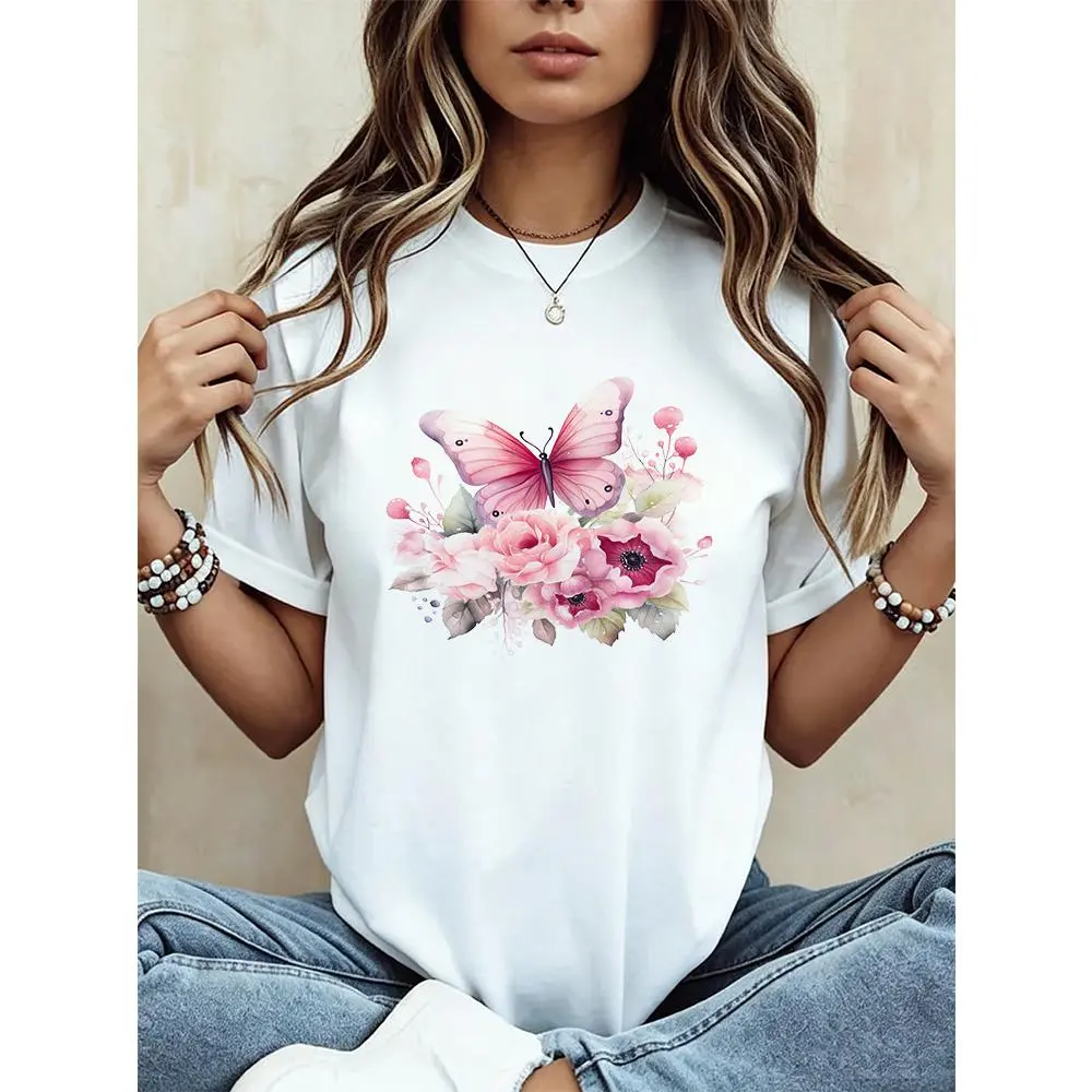 [Short Sleeve Top] Butterfly Pure Pink Butterfly Print Round Neck Short Sleeve T-shirt, loose casual fit, soft and breathable, skin-friendly, suitable for everyday wear, lightweight and comfortable, ideal for casual outings in spring and summer, a great g