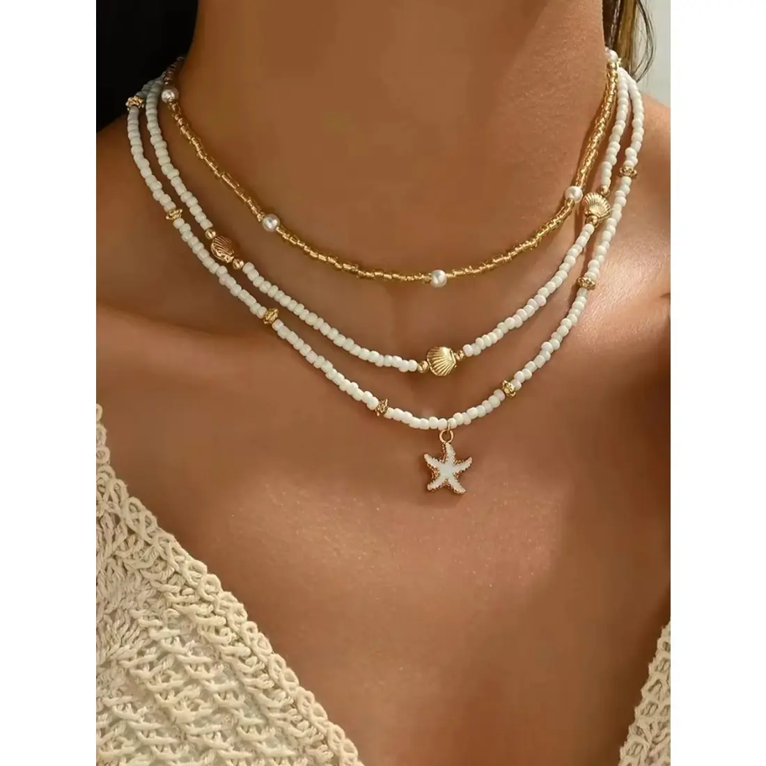 Beach Boho Elegant Necklace Set, Artificial Pearl-Beaded Jewelry with Starfish & Shell Accents for Party, Daily Wear, One Size, Unisex