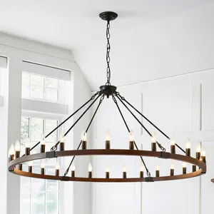 53.15 INCH Wood Wagon Wheel Chandelier Modern Farmhouse  Pendant Light 30-Light Ceiling Hanging Lighting Fixtures for Living Room Dining Room Kitchen Island Foyer--NO INCLUDED BULBS-WOOD + Matte Black