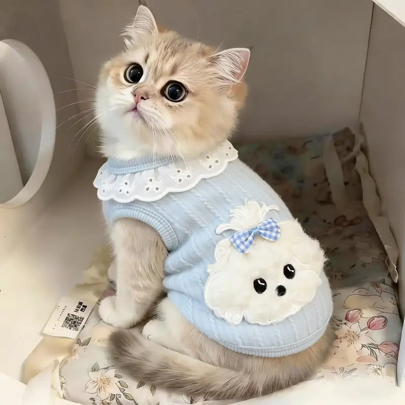 Cat Fall Winter Vest, Brushed-Cotton Scruffy Puppy Printed Pet Clothes with D-Ring Harness Hole, Hair-Resistant Shirt for Ragdoll & Golden Shaded Kitten
