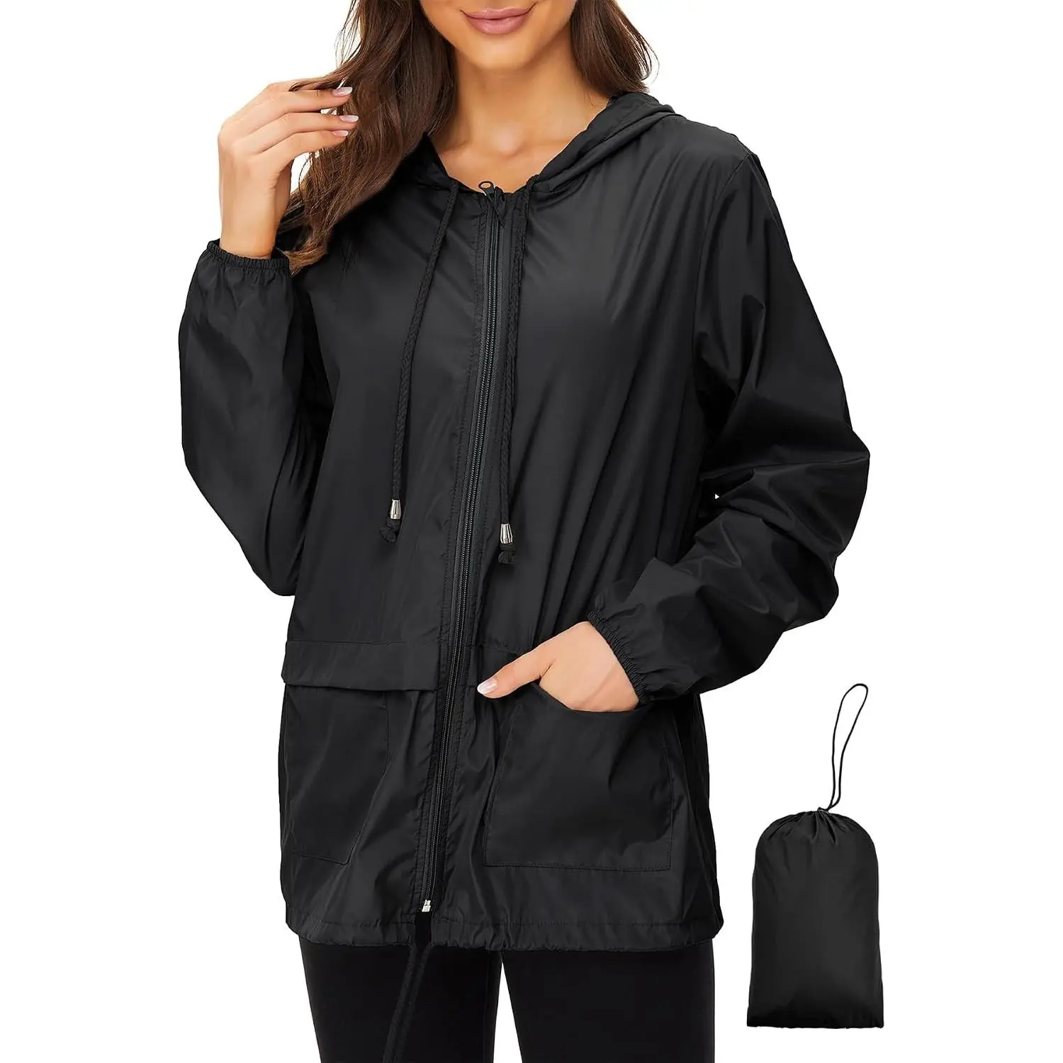 Womens Lightweight Waterproof Hooded Rain Jacket, Packable Raincoat for Outdoor Travel & Daily Commute