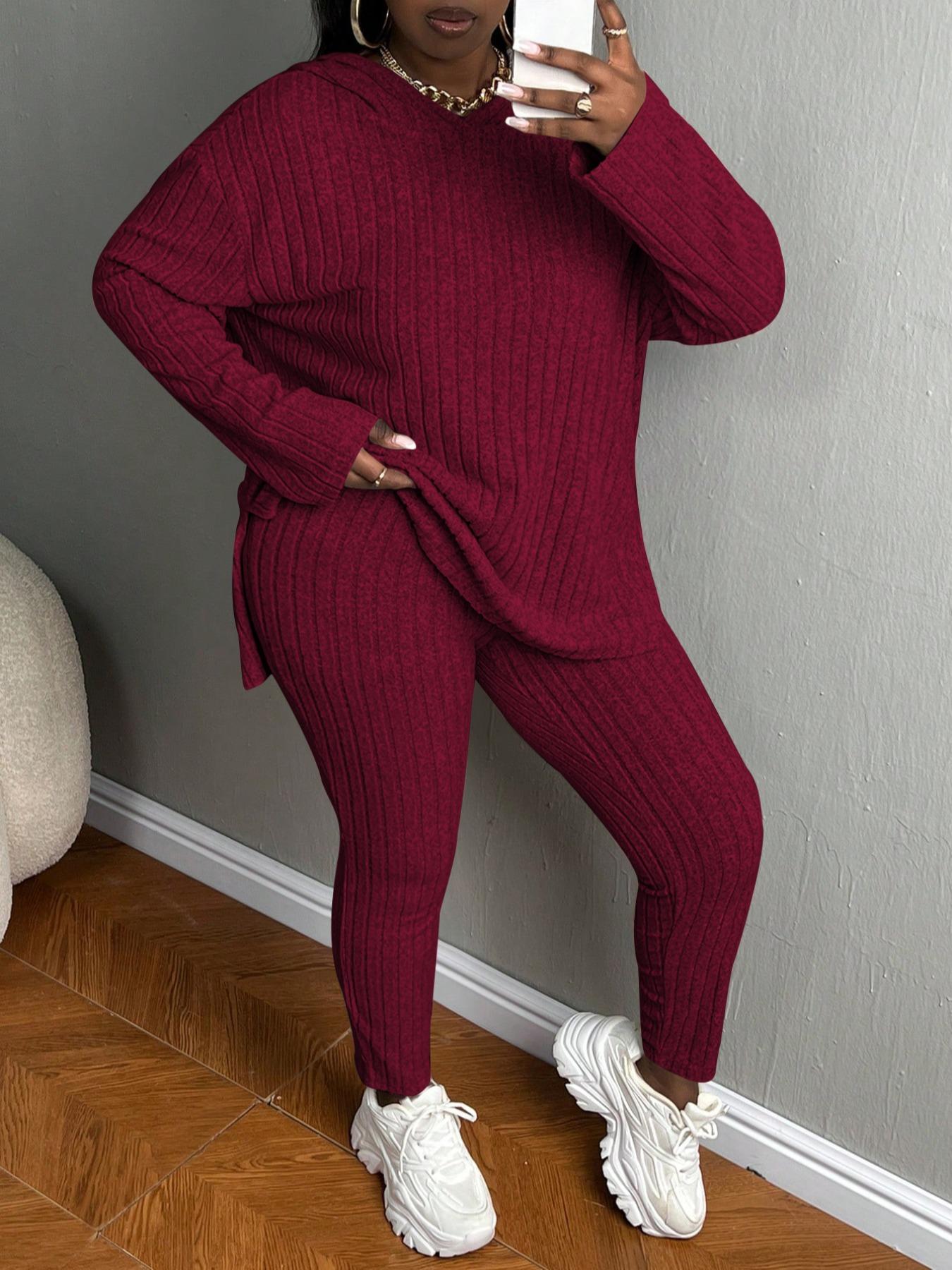 [Plus Size] Women's Two-Piece Set Solid Textured Ribbed Drop Shoulder Long Sleeve Hoodie & Elastic Waist Pants, Casual Fashion Cozy Ribbed Outfits for Daily Outdoor Wear, Ladies Clothing for Fall & Winter