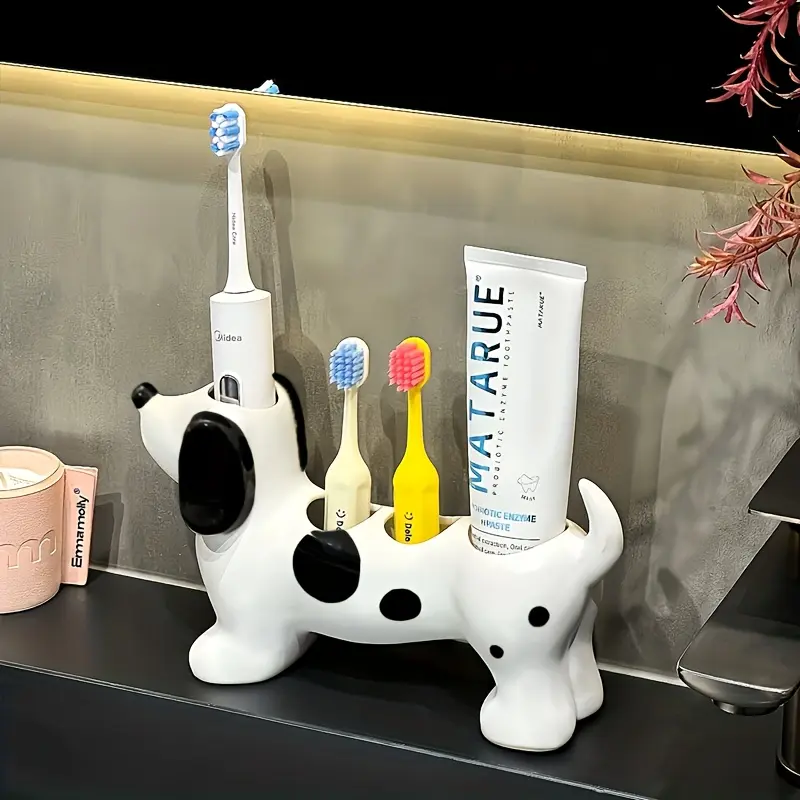 Creative funny cartoon animal spotted dachshund couple parent-child family toothbrush holder, bathroom washstand brushing rack creative base Valentine's Day gift storage rack, electric toothbrush available, high-value toothbrush holder