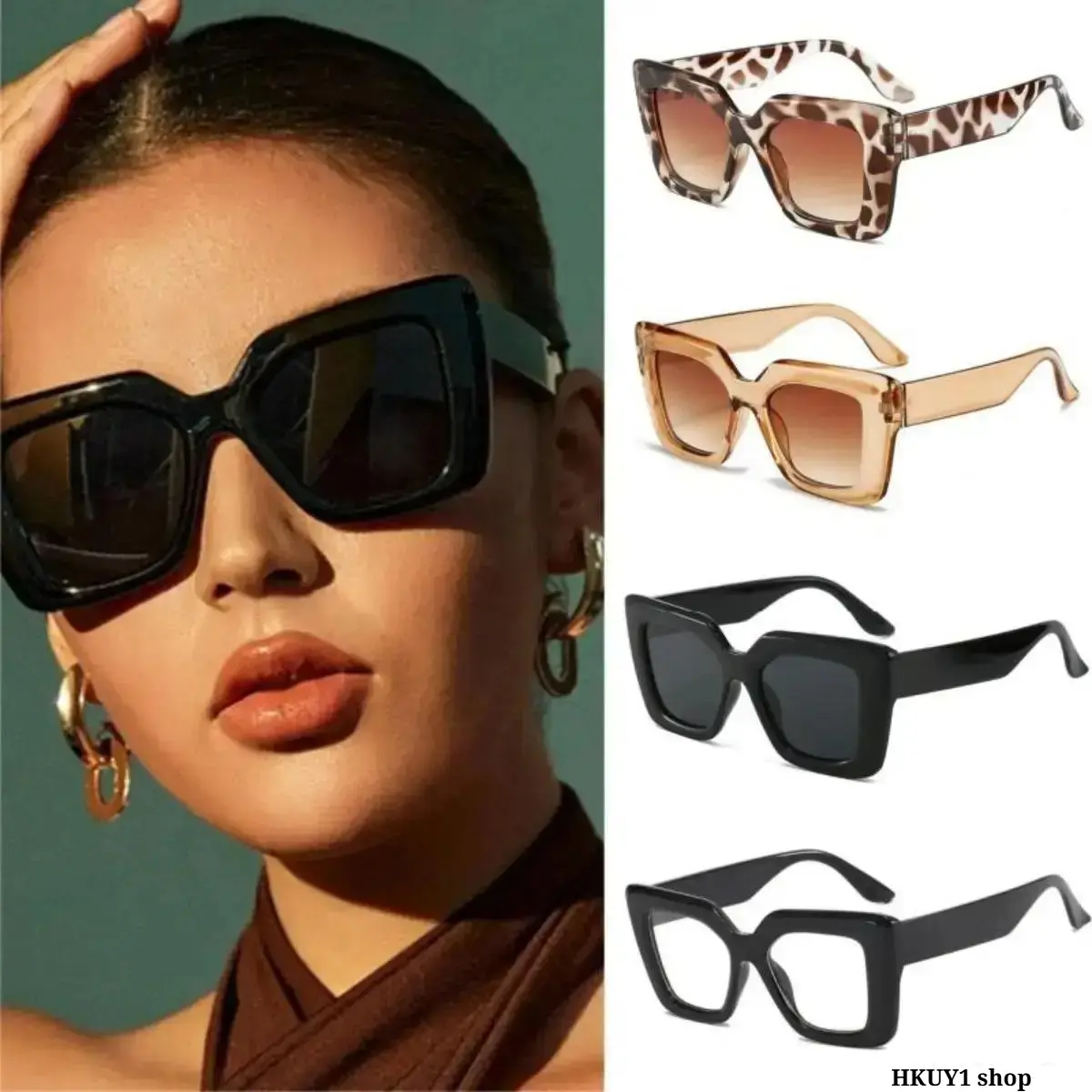 Women's 4-Pack Oversized Square Sunglasses - Retro Fashion Statement Shades, Animal Print & Black Frame Eyewear for Vacation, Beach, Daily Outfits